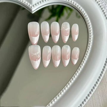 Qfdian Handmade Pink French False Press On Nails Full Cover Ballerina Almond Manicuree Decoration Wearable Artificial Nails